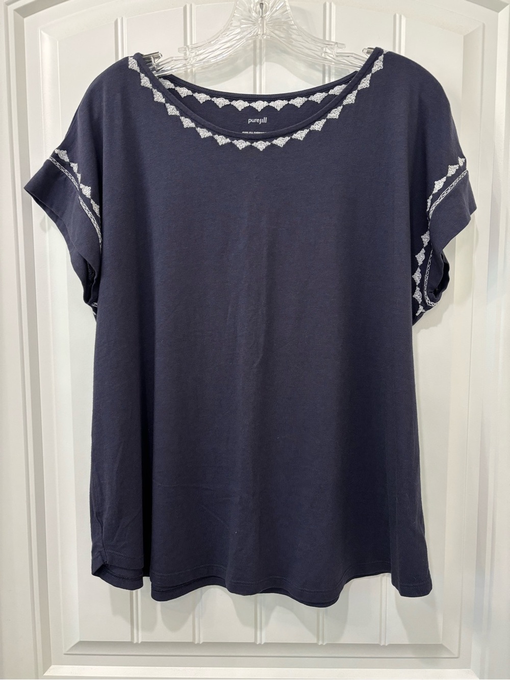 pureJill Women’s Navy Blue Embroidered Cap-Sleeve Tee Size L Petite
